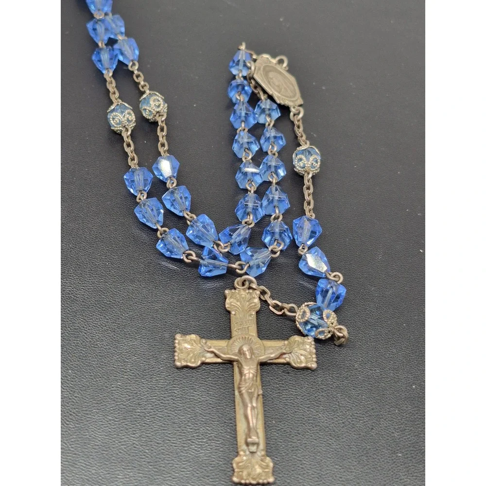 Vintage Rosary Blue Crystal Beads Sterling Silver Crucifix Centerpiece